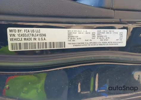 2020 Dodge Durango R/T Awd z USA, uszkodzony, nr VIN 1C4SDJCT8LC413246